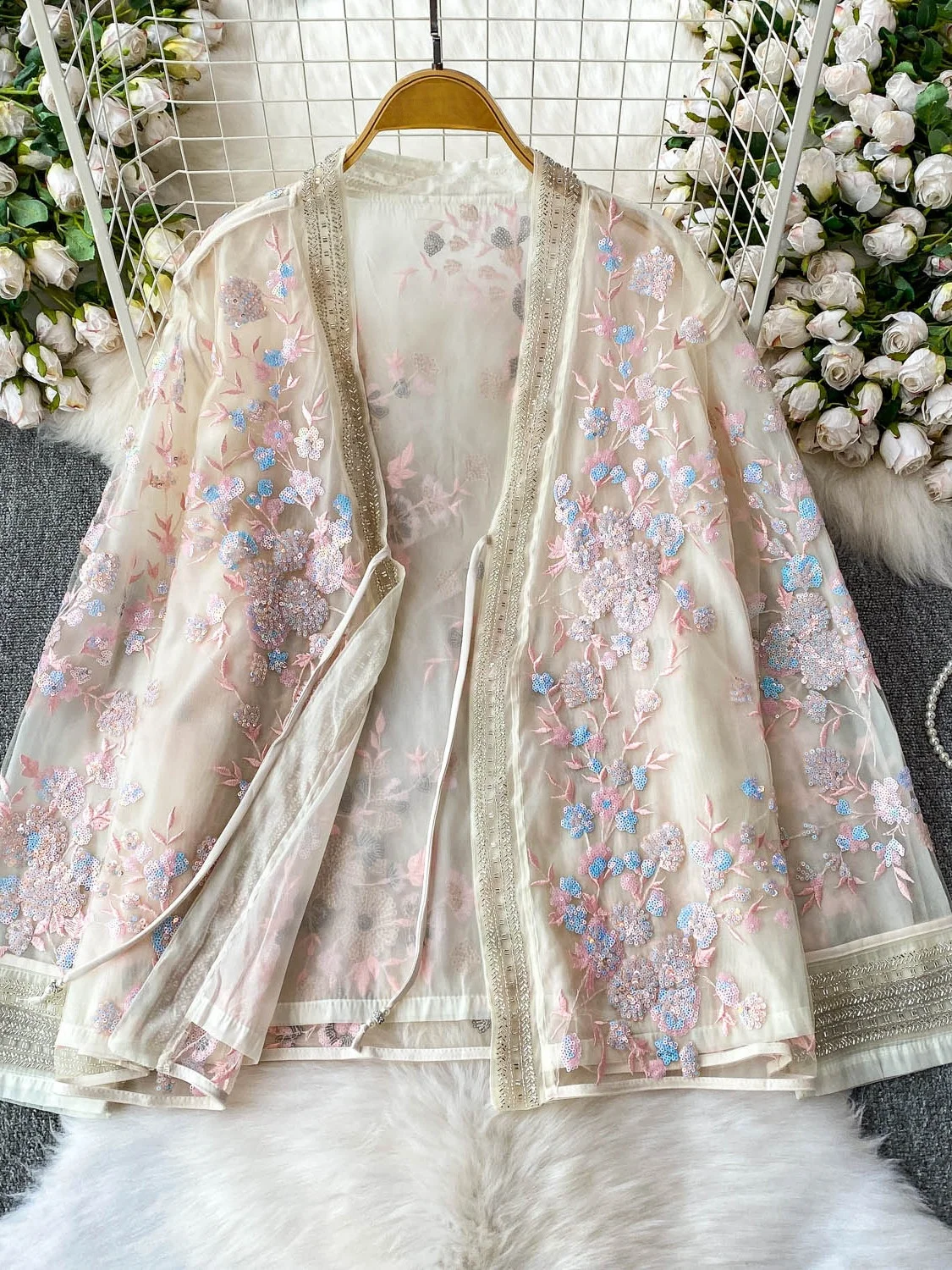 

Bling Bling Drill Embellied Heavy Work Open Cardigan Outerwear Women's Loose Sle Slimming Age-defng Thin irt