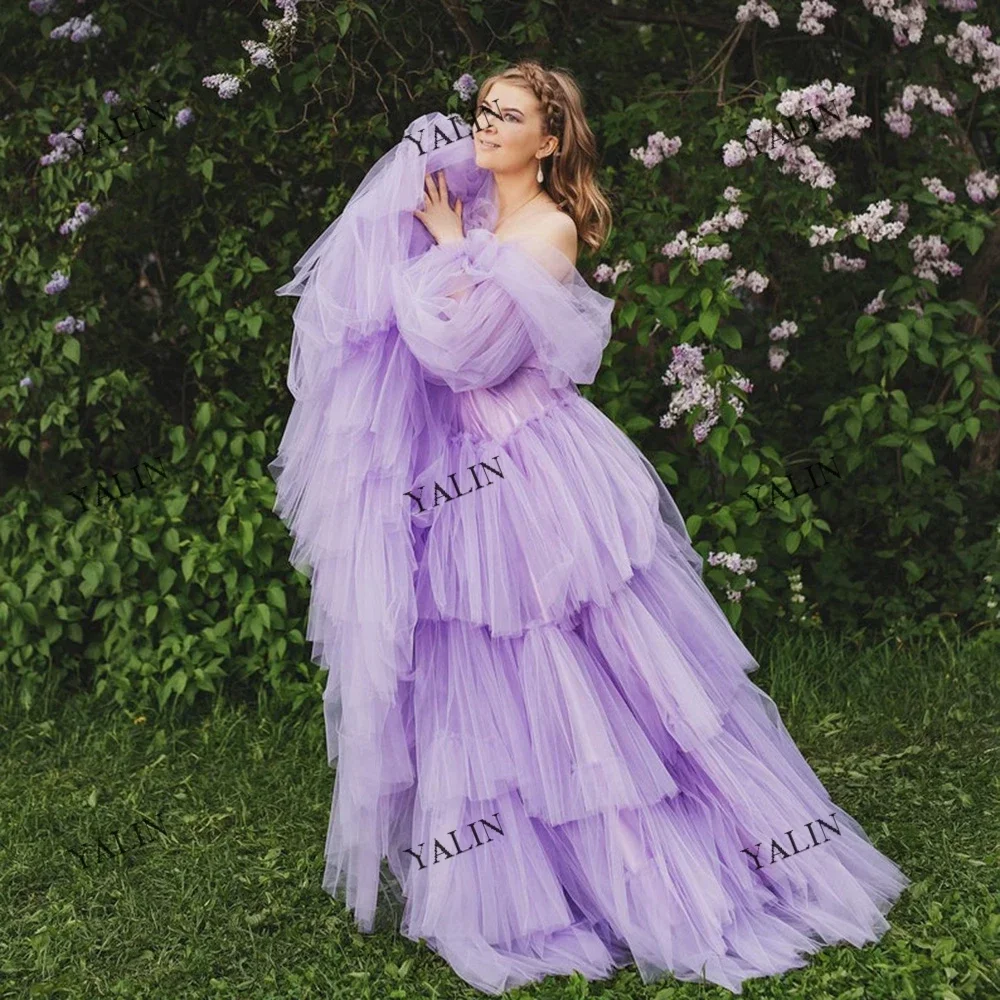 Customized Lavender Long Puff Sleeve Prom Desses Sweep Train Off Shoudler Pricness A-Line Party Dresses Lace-Up فساتين حفلات الت