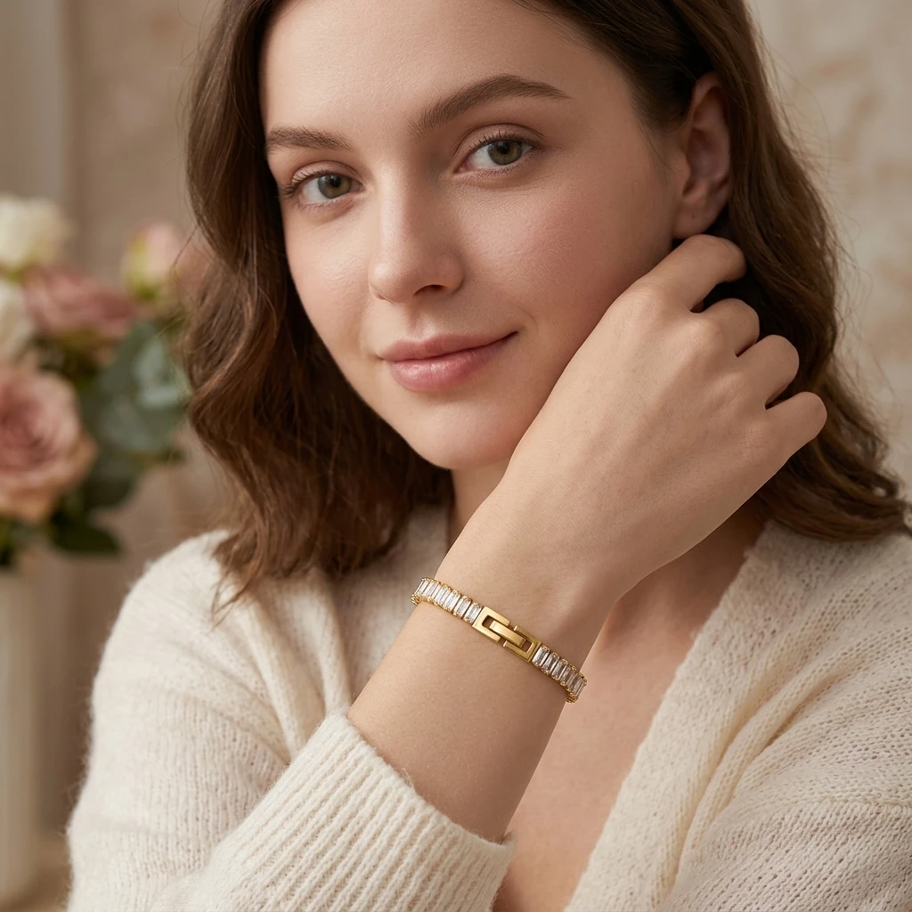 Miia Jewelry Baguette CZ Jewelry Set 18K Gold Stainless Steel Sparkling Choker Necklace & Bracelet Women Party Jewelry Gift