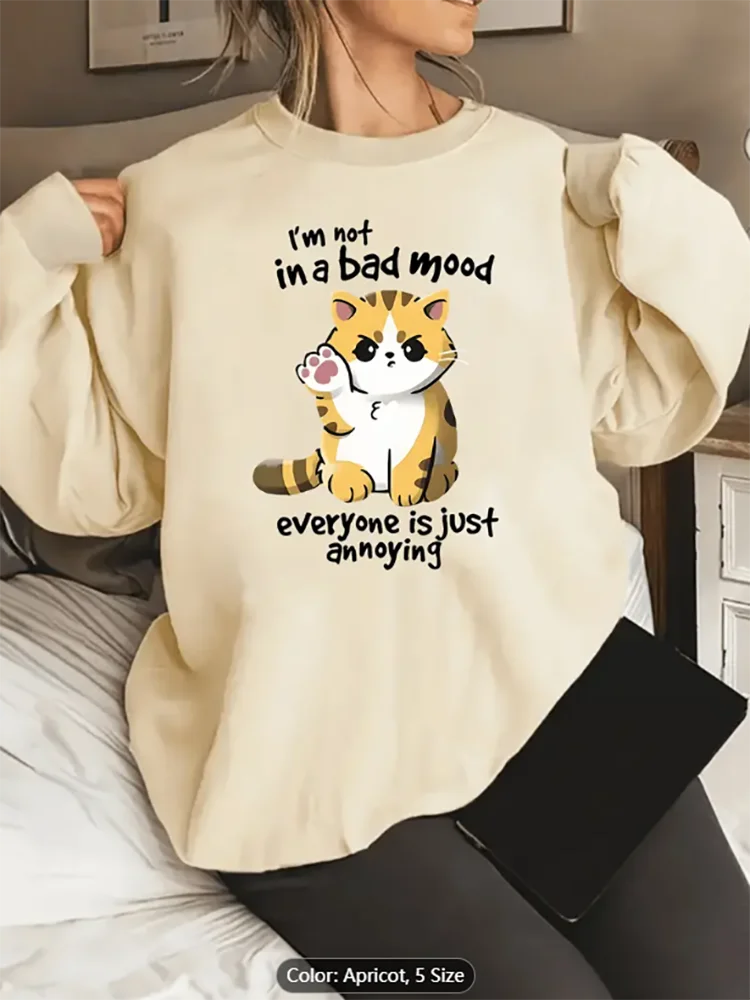 

Женская абрикосовая толстовка Im Not In A Bad Mood Cat с графическим принтом, повседневный пуловер большого размера, топ для любителей кошек, чистый хлопок
