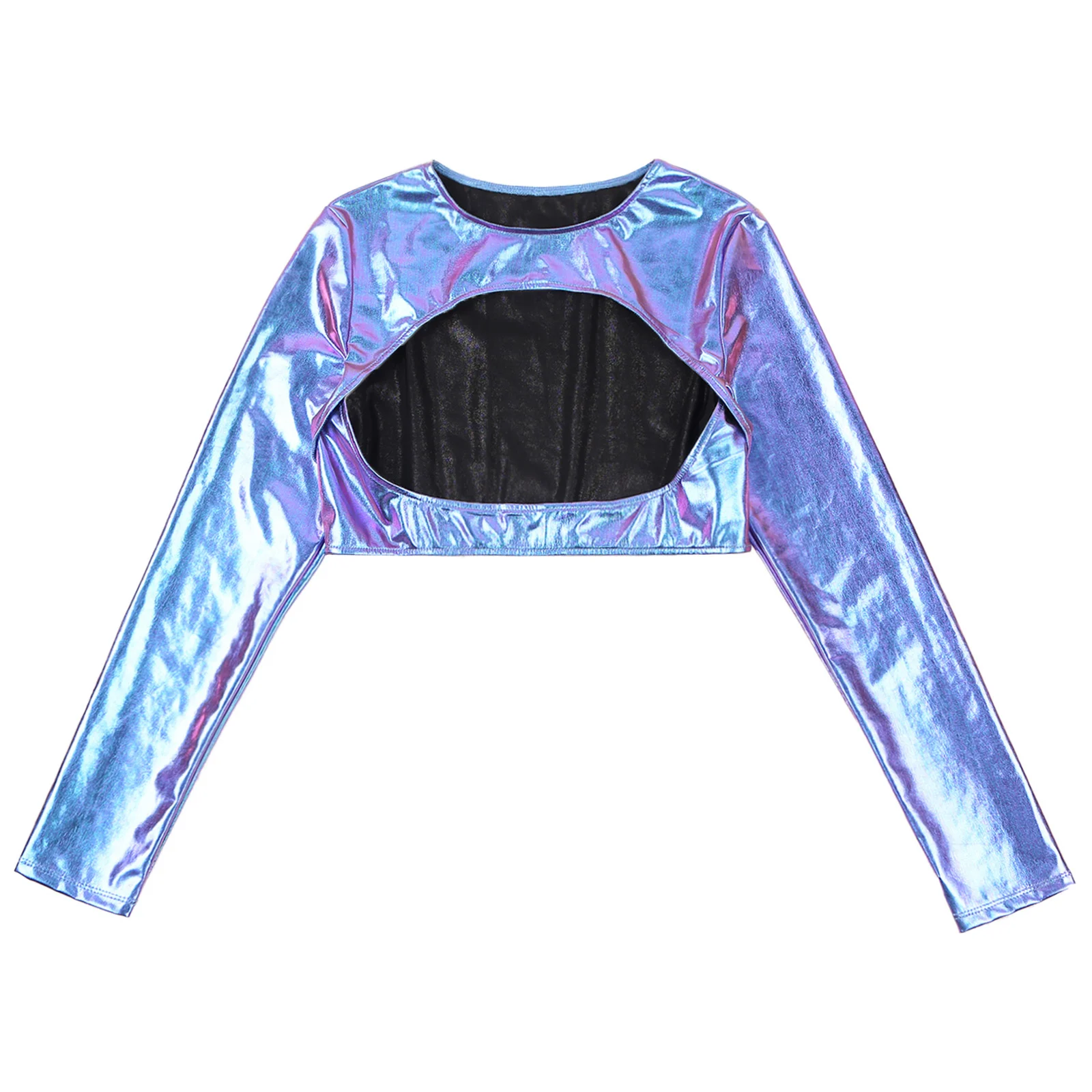 Womens Metallic Shiny Cut Out Crop Top Disco Rave Costume Round Neck Long Sleeve Open Front Bodycon Clubwear Tempting Tee Top