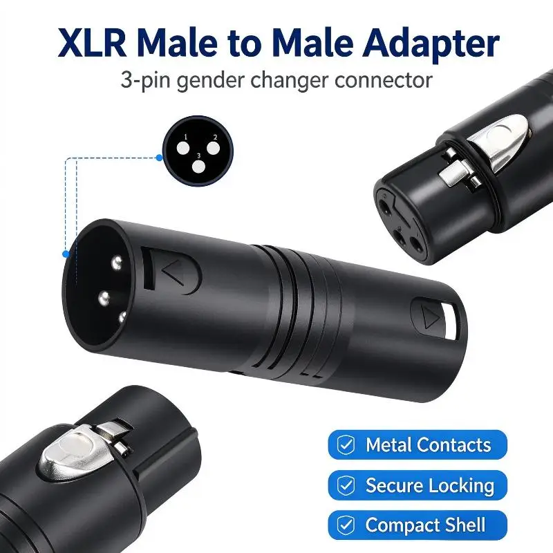 3 Pin XLR Male to Male Audio Adapter 1Pcs Anti-Oxidation Gold Plated Connector Plug for Mic Stage Sound System Home Studio