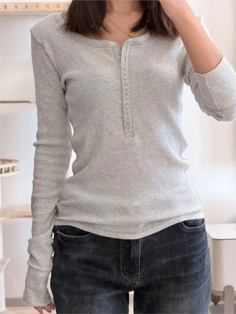 Nine Buttons Ribbed Long Sleeve T-shirt Woman Spring Round Neck Cotton Slim Tshirts Female Solid Simple All-match Tee Tops Y2K
