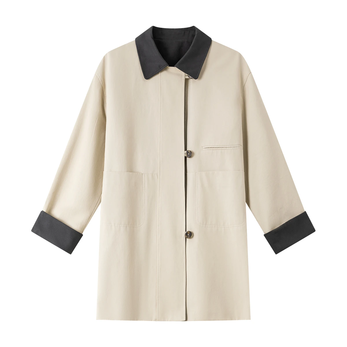 VIMLY Midi Trench Coat Woman Office Wear Contrast Color Women's Autumn Coat 2025 Turn-down Neck Long Sleeve Ladies Coats A2219