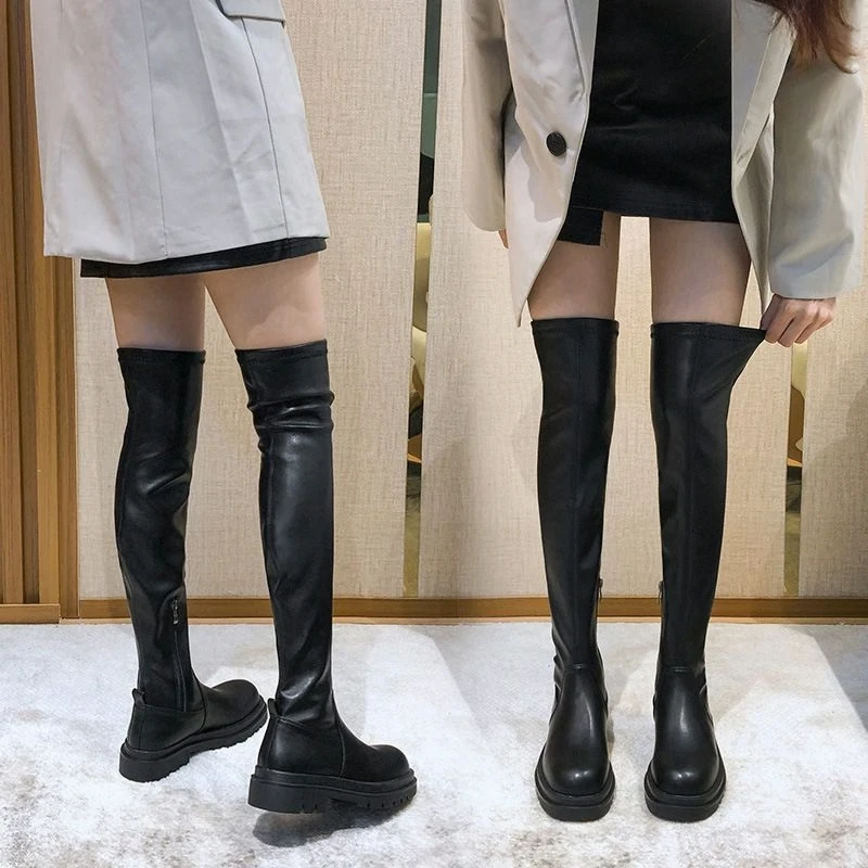 

Elastic Mid-Calf Over-Knee High Heel Knight Boots Women Flat Autumn Winter Long Tube Boots Thi Bot Faionable Boots