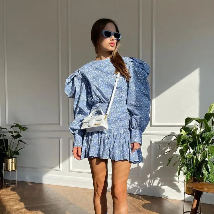 Spring 2024 Floral Print ort Skirt Long Sve High Waist Pleated Casual Dr Polyester Lantern Sve Commute Sle Summer