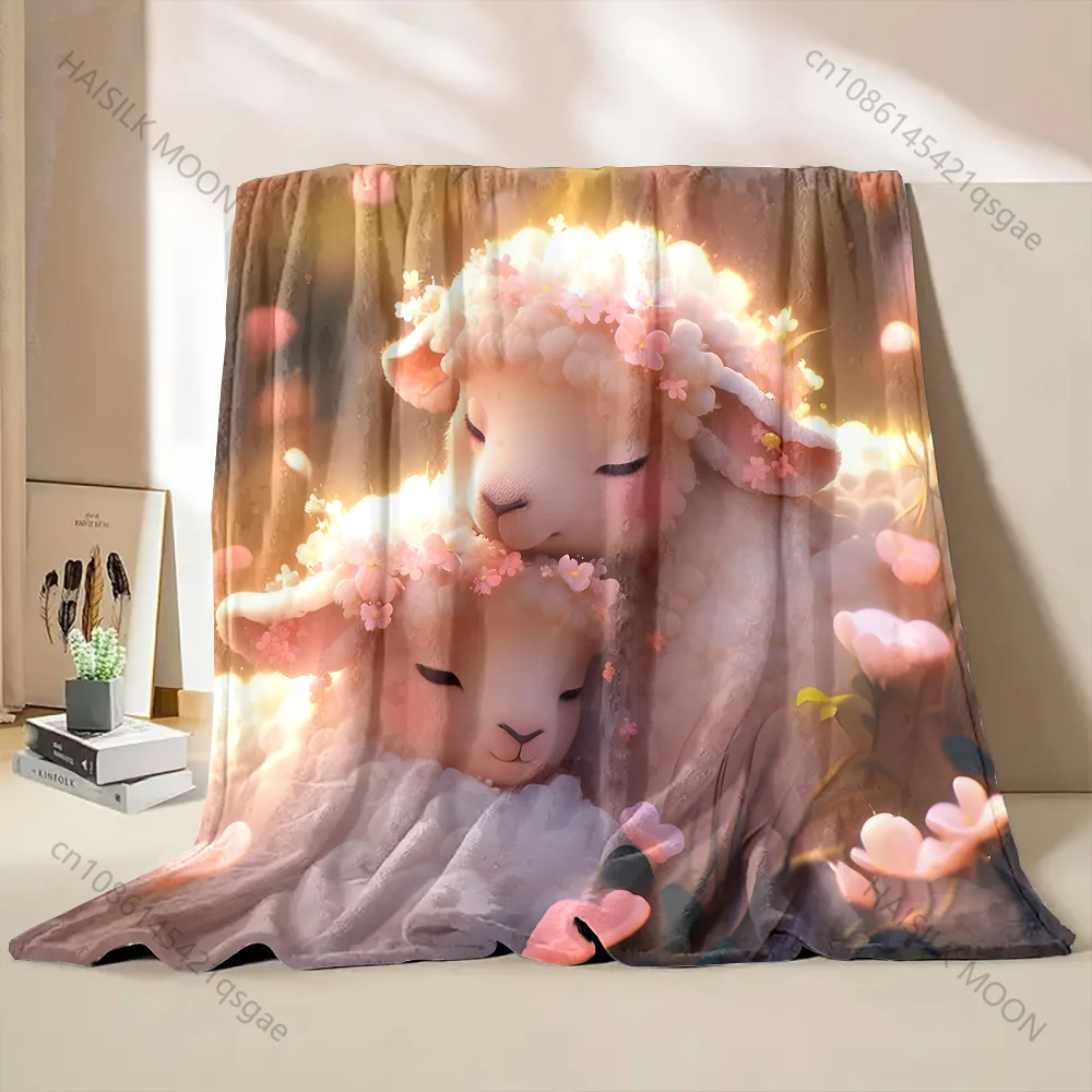 Multi Size Floral Sheep Cuddling Pattern Blanket Flannel Material Soft Warm for All Seasons, Home Outdoor Camping Picnics RV