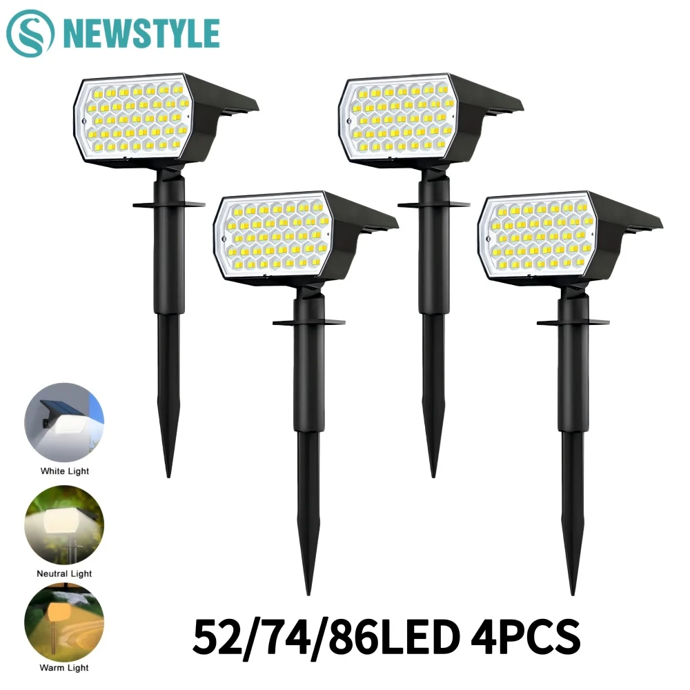 

Солнечный садовый светильник 52/74/86 LED, уличный, IP65, водонепроницаемый, 3 режима освещения, ландшафтные прожекторы на солнечных батареях для дорожек, двора, сада