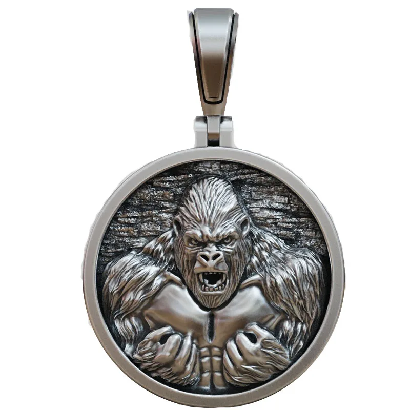 19g Silverback Rage Medallion gorilla Pendant with hyper-realistic musculature and oxidized finish Mens925 SOLID STERLING Silver