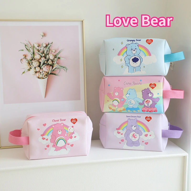 Rainbow Bear Cute Makeup Bag Large Capacity Handheld Portable Travel Leather Waterproof Desktop Storage Pencil Stationery