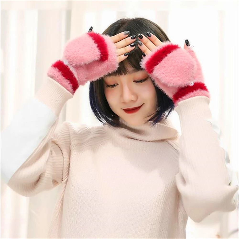 

Han edition more lovely pure color warm fuzzy clamshell gloves female winter half cycling write gloves HX-036