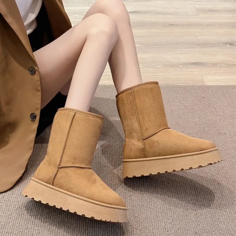 2025 Botas De nieve De invierno para Mujer, Botas De plataforma antideslizantes De gamuza sólida, Botas De fondo plano informales cálidas De terciopelo De diseñador, Botas De Mujer