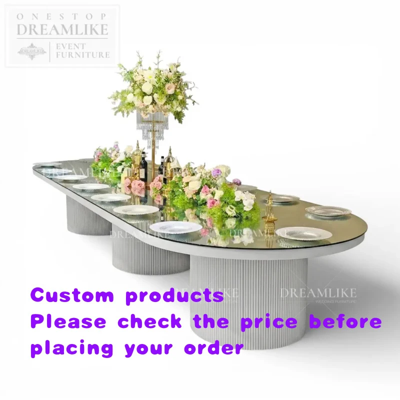 custom.Elegant Long Oval Glass Top Iron Dining Table Wedding Banquet Event Supplier Rental Ready Bulk Order Supplier