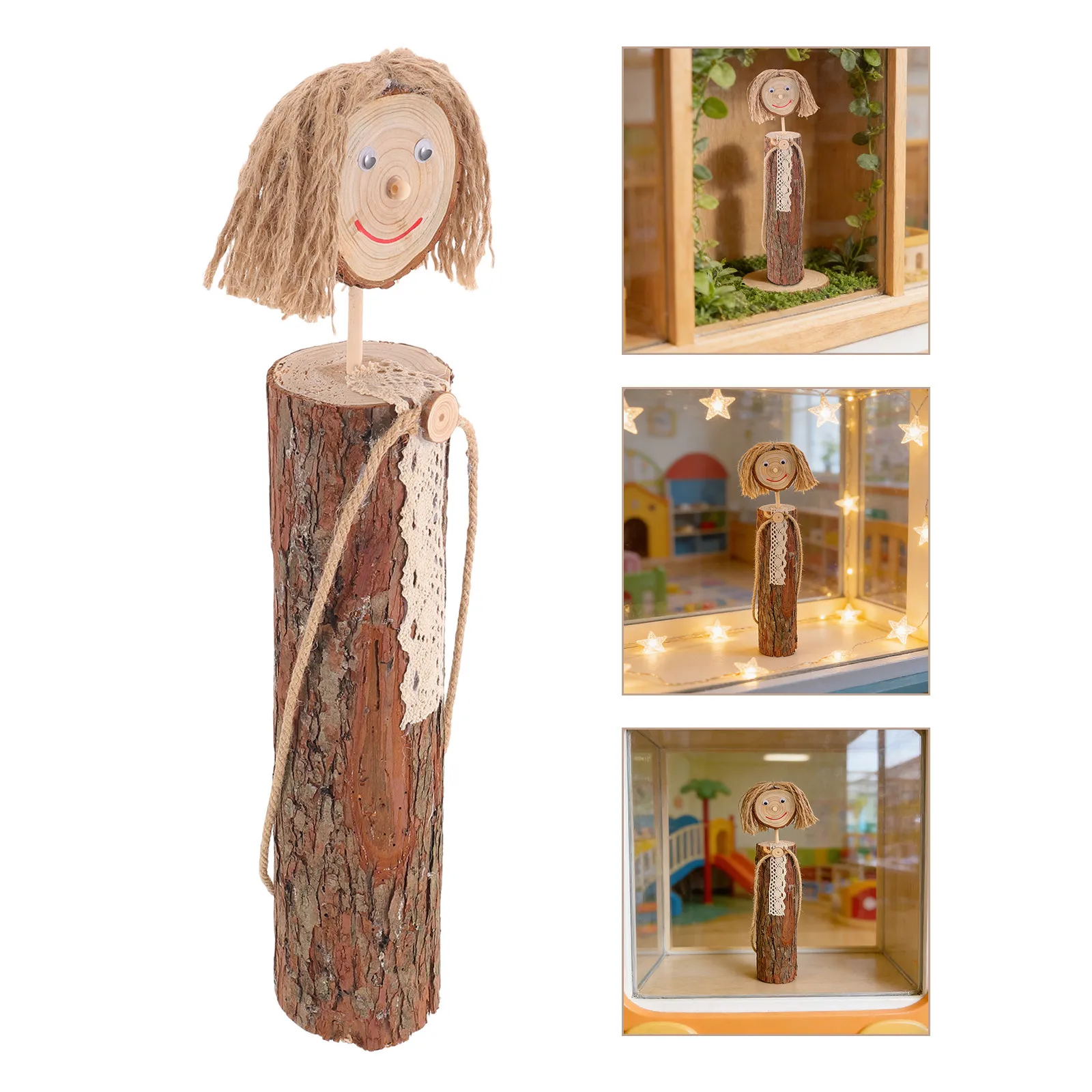 Handmade Rustic Wooden Girl Statue Natural Wood Shelf Nursery Decor Tree Stump Art Peg Solid Wood Carved Wooden Craft