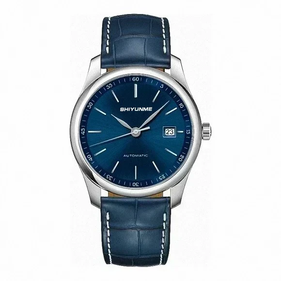 Moda relógio mecânico automático masculino artesão calendário esporte relógio preto azul couro