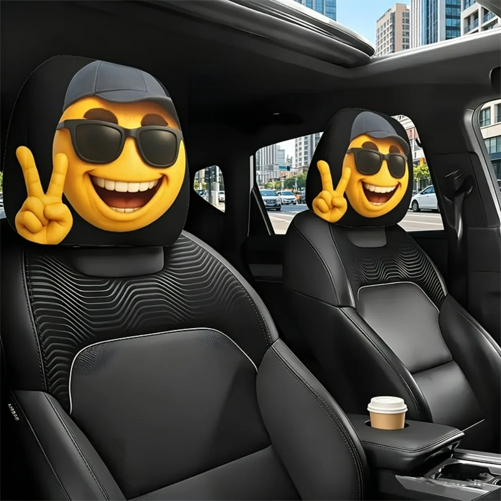 Two yellow cartoon smiley face headrest covers beanie style universal size washable and easy to install suitable for road trips
