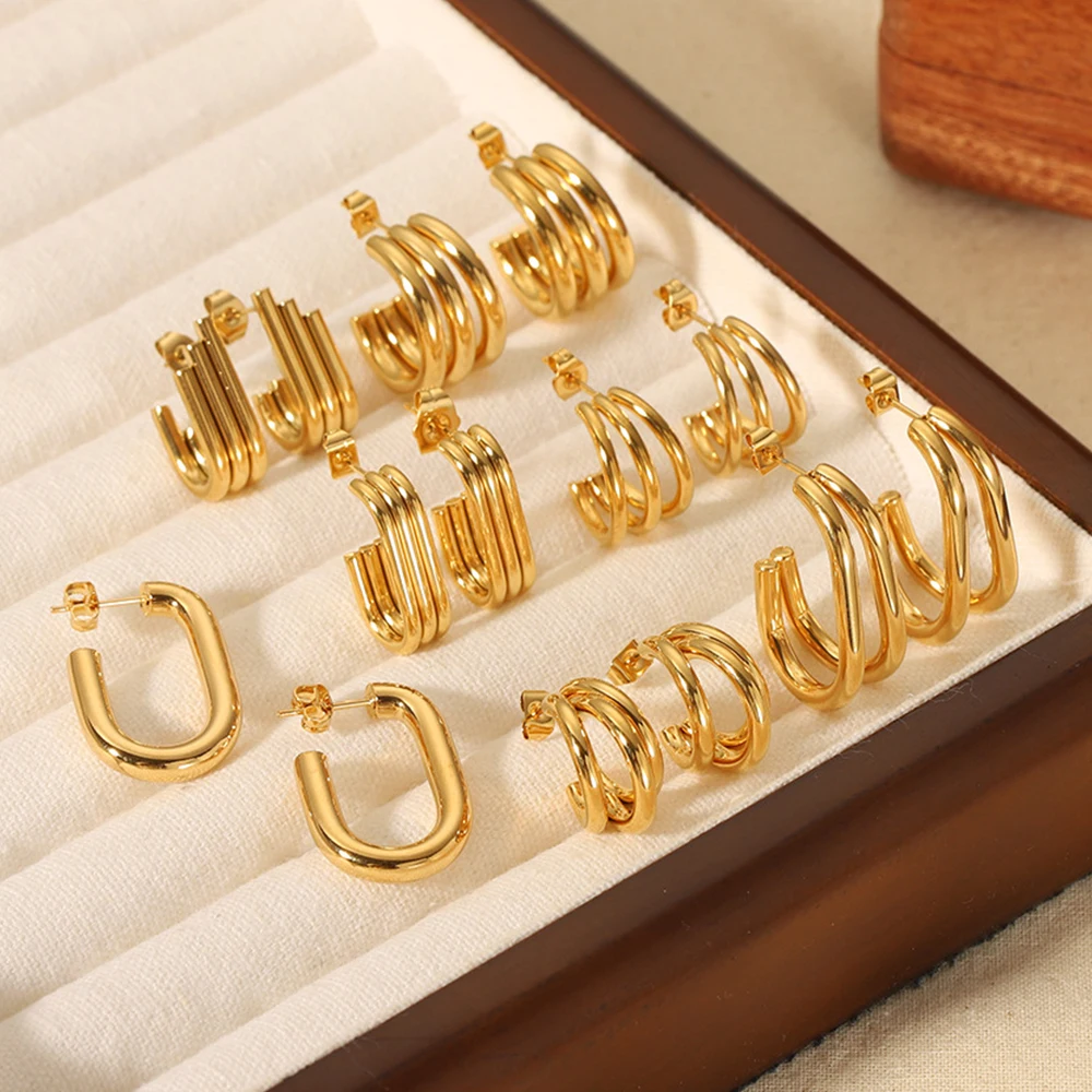 

18K Gold Plated Jewelry Waterproof Stainless Steel Metal Chic Accessories Chunky Triple Band Stud Hoop Earrings for Women