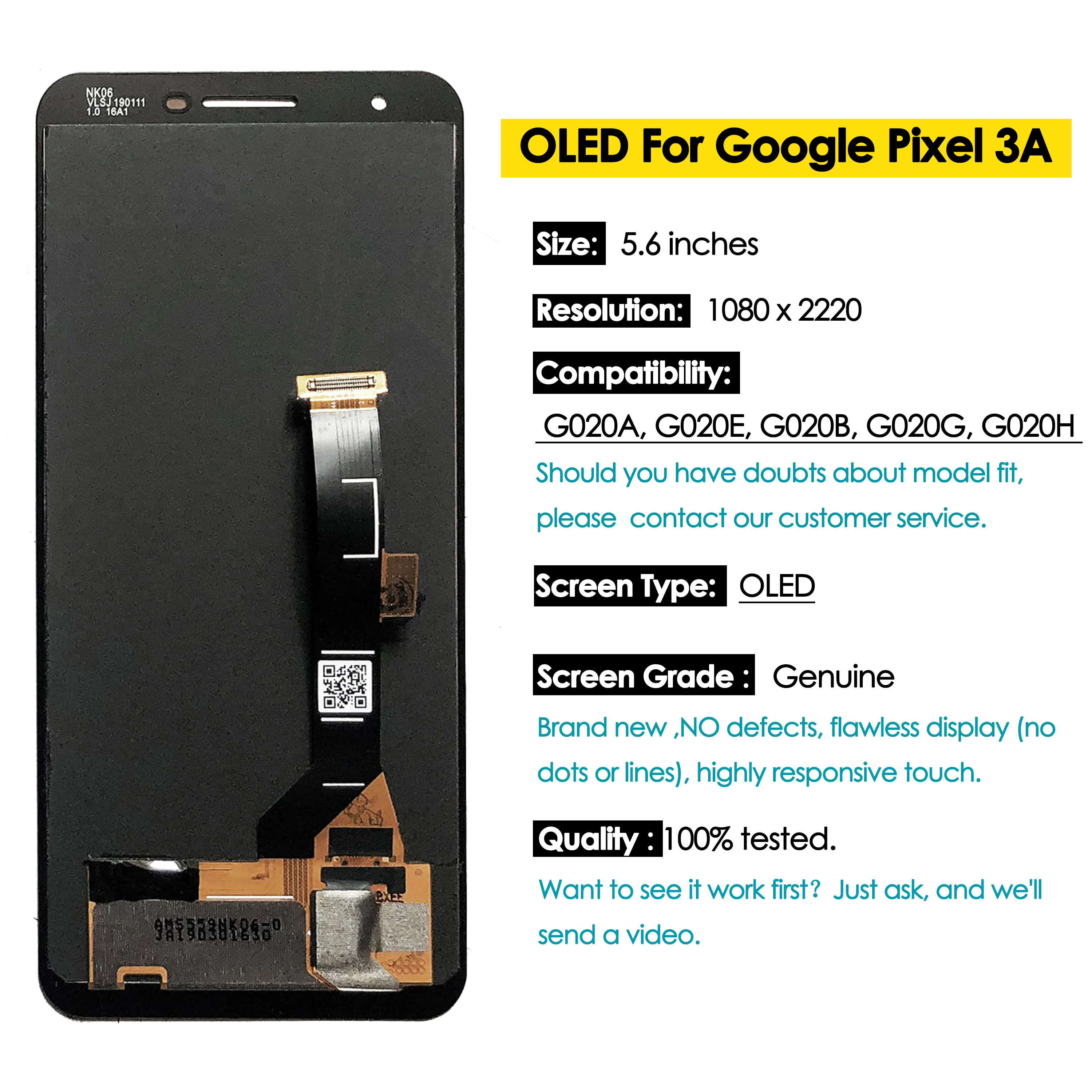 OEM OLED For Google Pixel 3A LCD Display Touch Digitizer Assembly Screen Replacement Repair G020A, G020E, G020B, G020G ,G020H