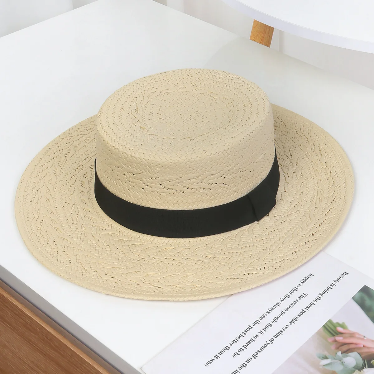 

Spring Summer New Arrival Hand-knitted Flat Top Sun Protection Hat, Wheat-stripe Wide Brim Fedora Jazz Hat, Must-have for Travel