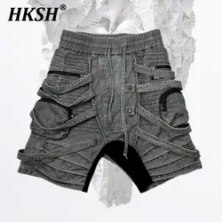 HKSH  Men's Punk Waste Land Capris Niche Asymmetric Deconstruction Pleated Shorts Ribbons Vintage Cotton Half Length Pants New