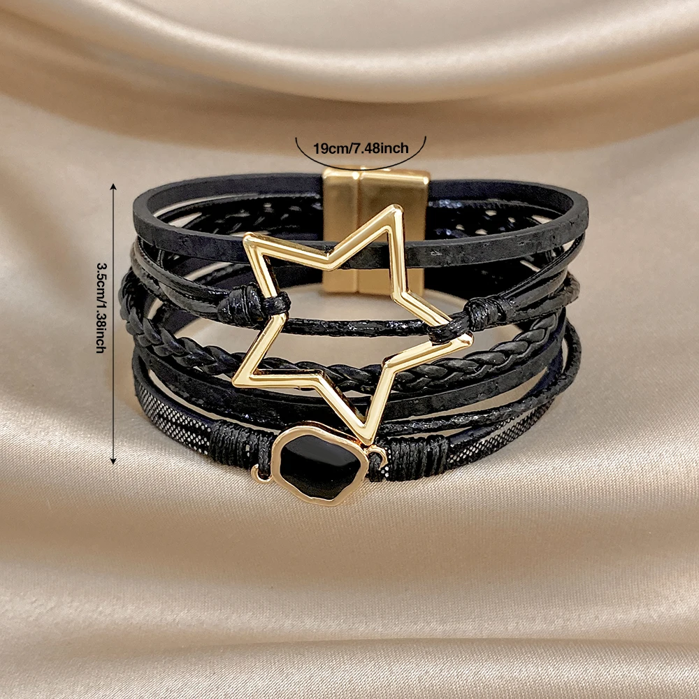ALLYES Vintage Armband aus gewebtem Leder mit ausgehöhltem Stern für Damen, klobiges Boho-Mehrschicht-Armband, breites Wickelarmband, Charm-Schmuck – Detail 7