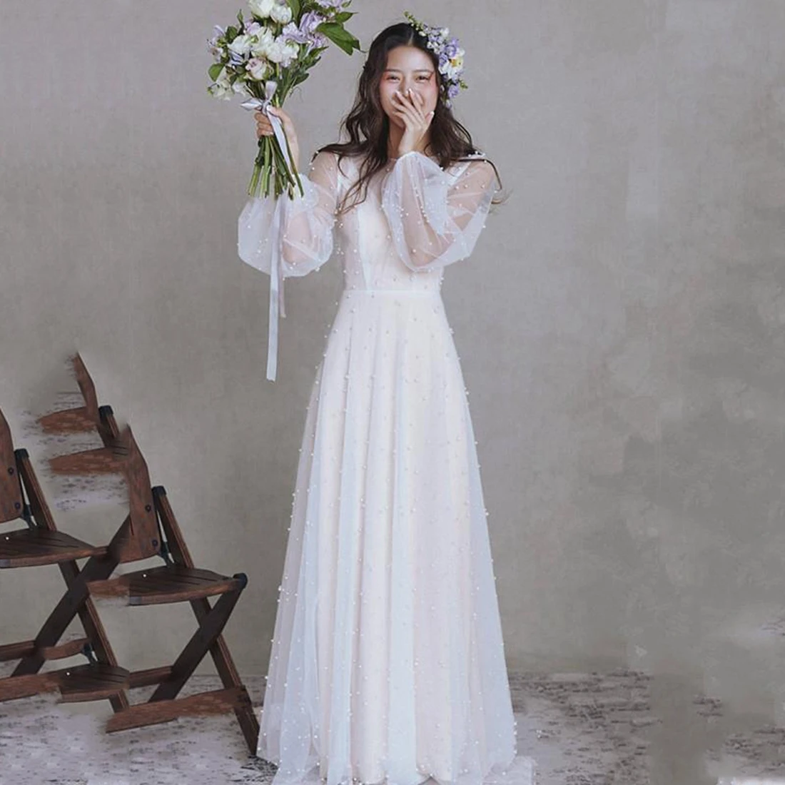 Wedding Dresses for Women O-Neck Floor-Length Boho Wedding Dress A-LINE Pearls Bridal Dress