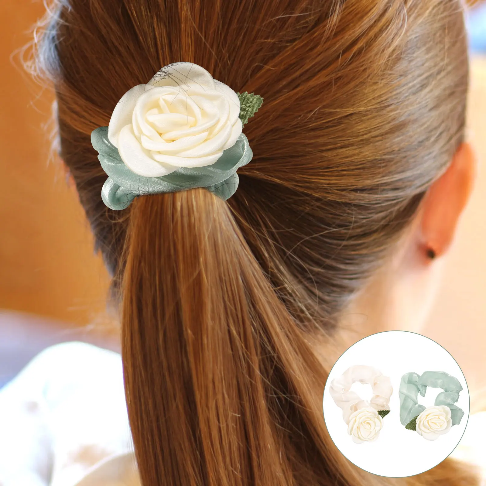 

2pcs White Rose Scrunchies For Women Girls Ponytail Holders Elastic Hair Ties Flower Design Satin Scrunchies Bands Wrist