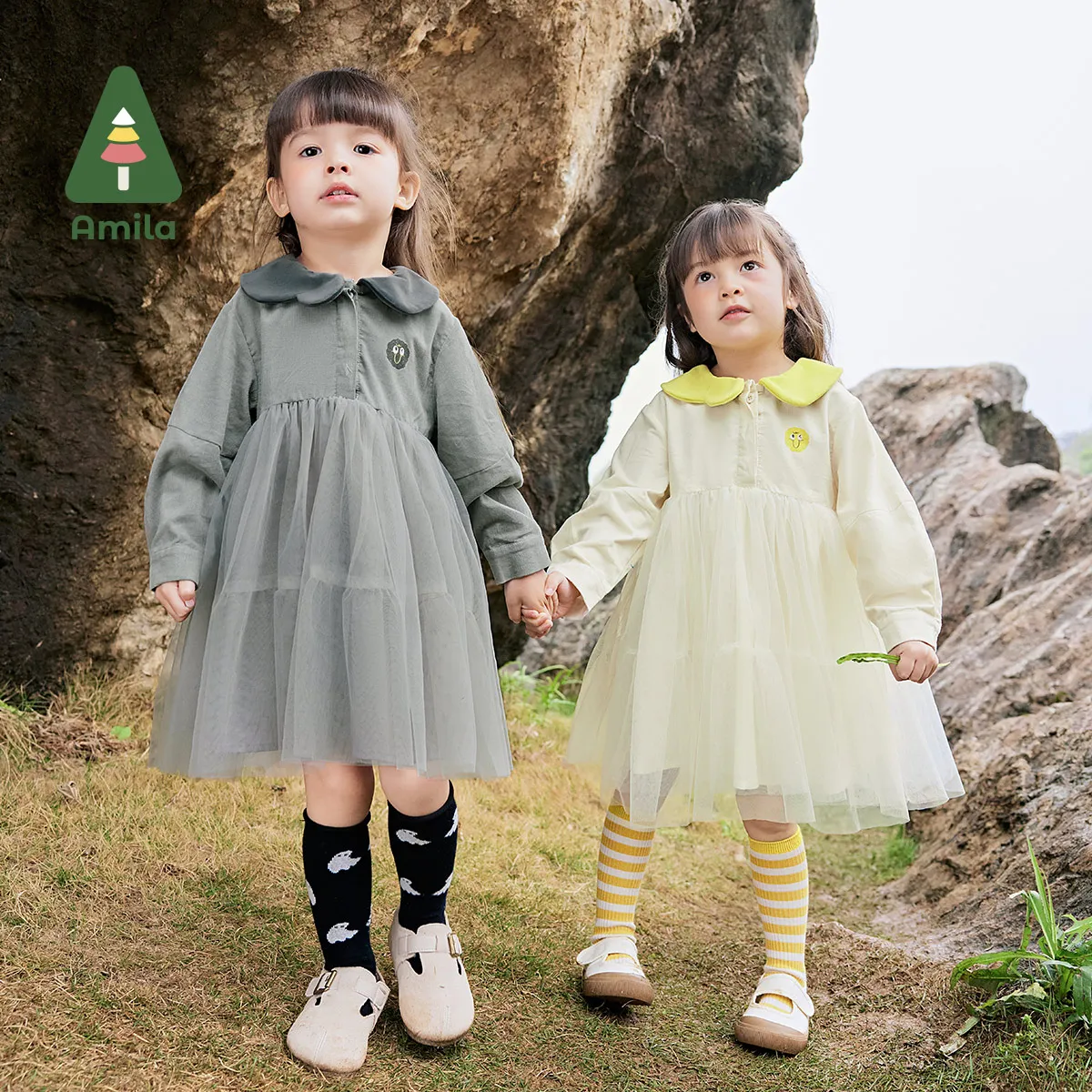 Amila Baby Dress 2024 Autumn New Style Girls Sweet Solid Color Corduroy Doll Collar Loose Casual Lantern Sleeve Soft Gauze Skirt