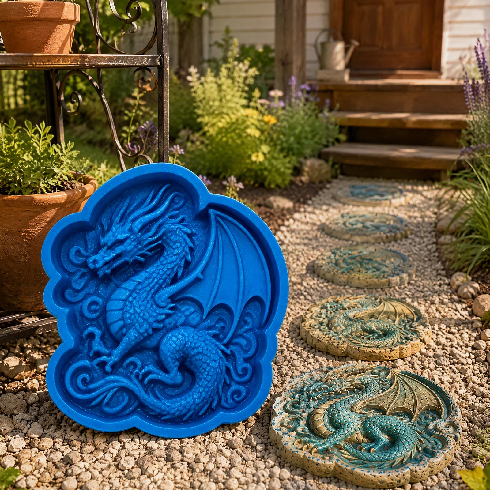 DIY Backyard Walkway Silicone Reusable Stepping Stone Concrete Garden Path Maker Dragon Frog Pattern