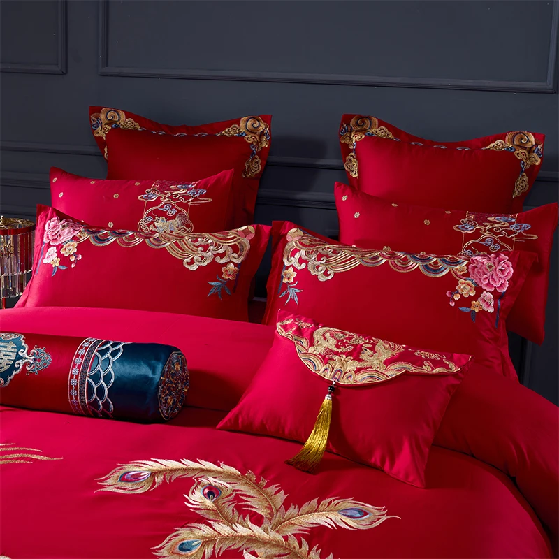 High-end Chinese Wedding Red Cotton Bedding Set Luxury Gold Tassels Loong Phoenix Embroidery Duvet Cover Bed Sheet Pillowcases