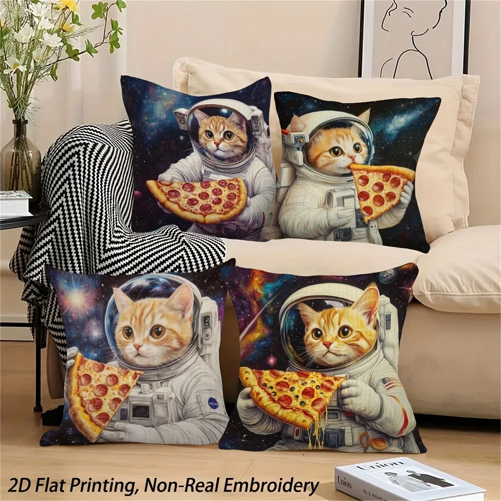 Set of 4 Throw Pillows Featuring Cute Cat Astronauts Holding Pizza Slices - Space Theme Decor