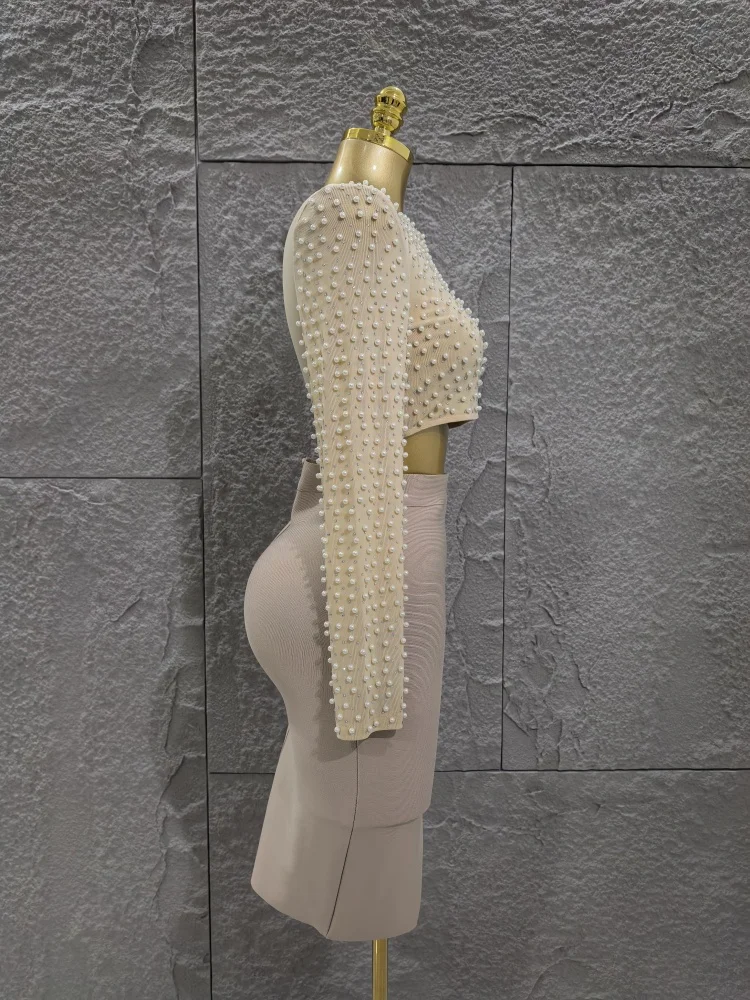 Haute qualité femmes à manches longues Sexy perles 2 pièces moulante pansement Mini robe discothèque fête célébrer tenue de mode