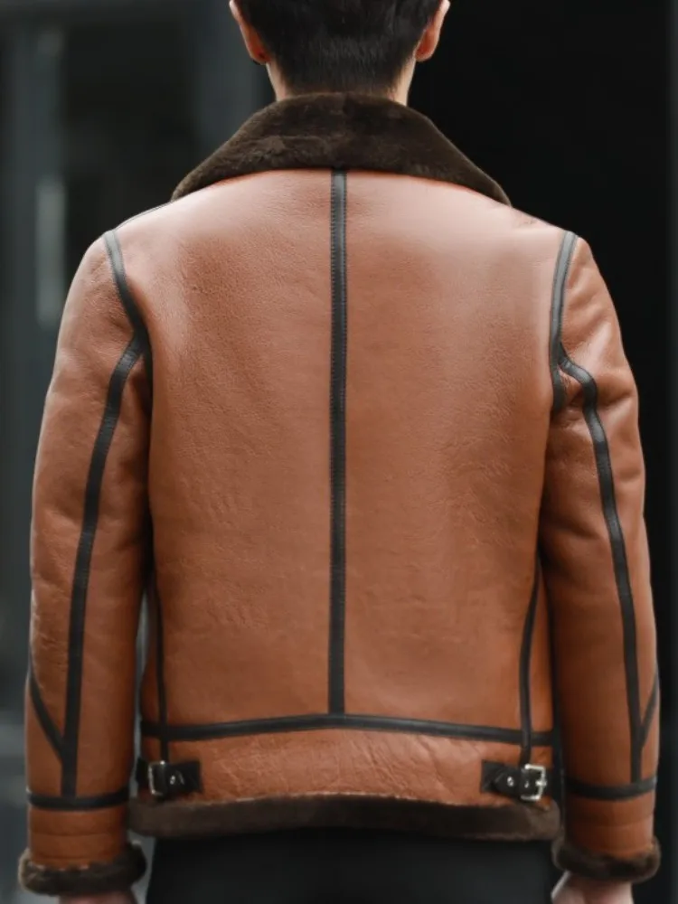 الأعمال عارضة رفض طوق جيوب سترة جلدية حقيقية بلون سستة جلد الغنم الذكور طويلة الأكمام ملابس خارجية