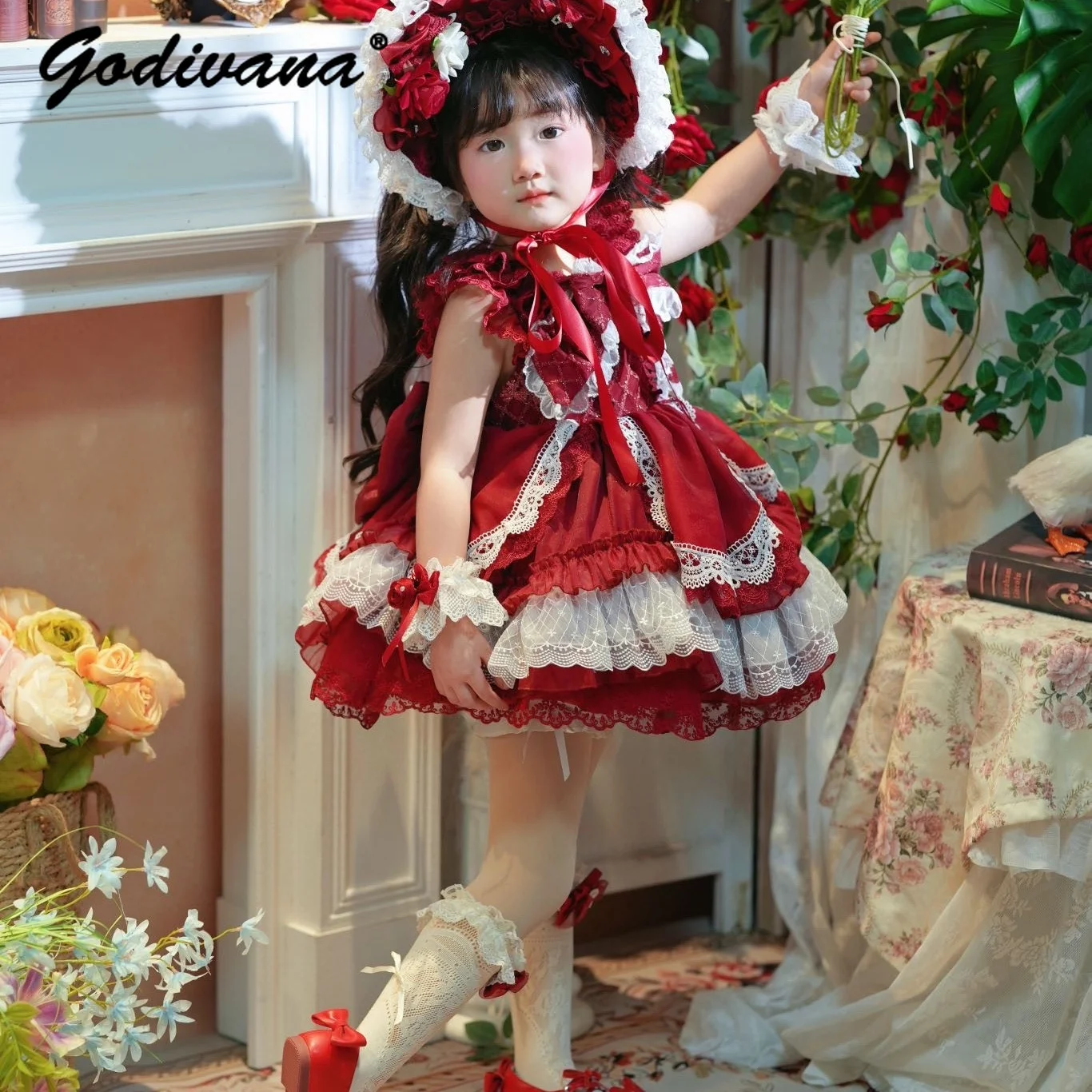 Original Baby Girls Sweet High End Heavy Red Rose Princess Lolita Dress Kids Summer Tutu Birthday Party Performance Ball Gown