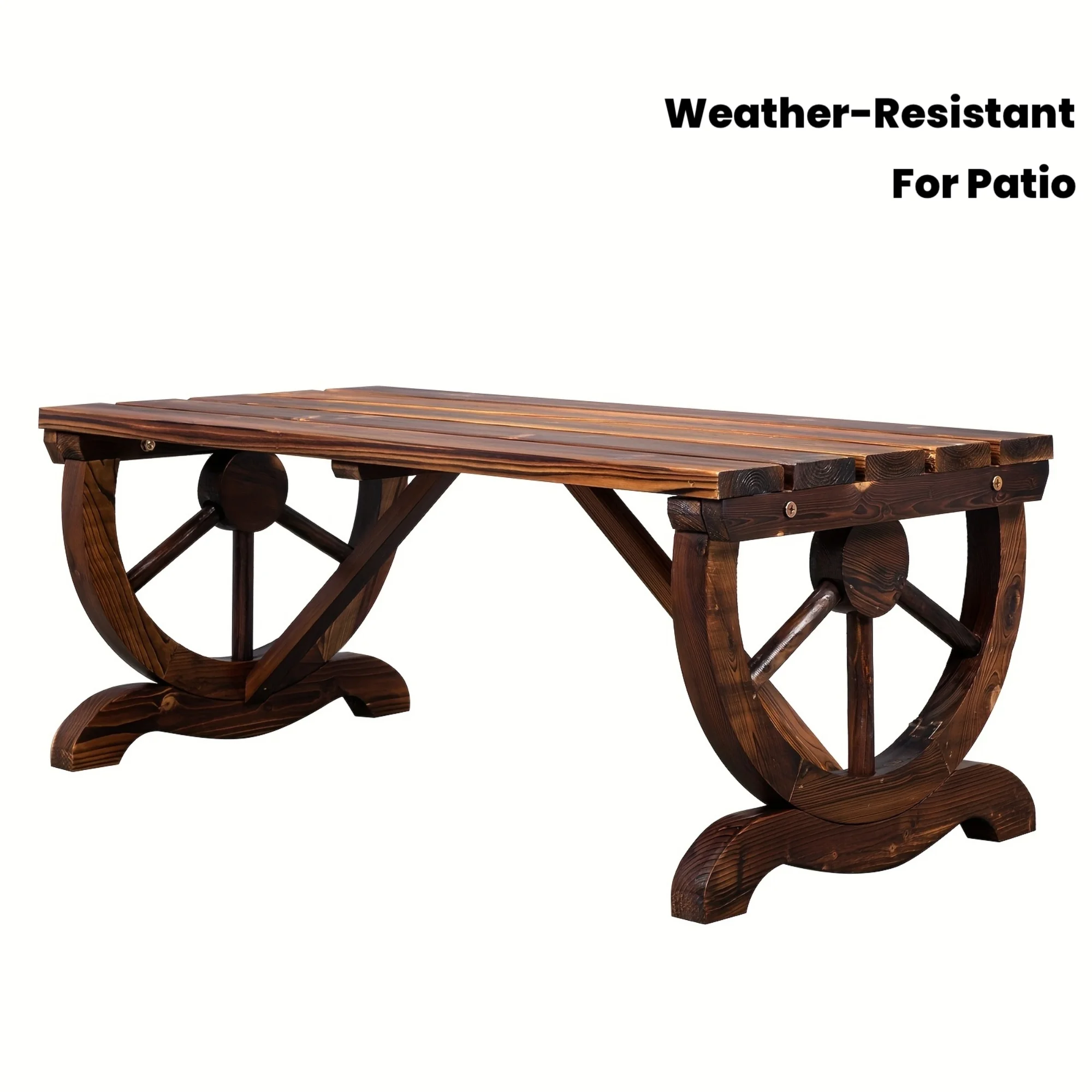 

Уличная двухместная скамья для сада из массива дерева в деревенском стиле с дизайном колеса-вагона - прочная конструкция из коричневого дерева, устойчивая и широкая.