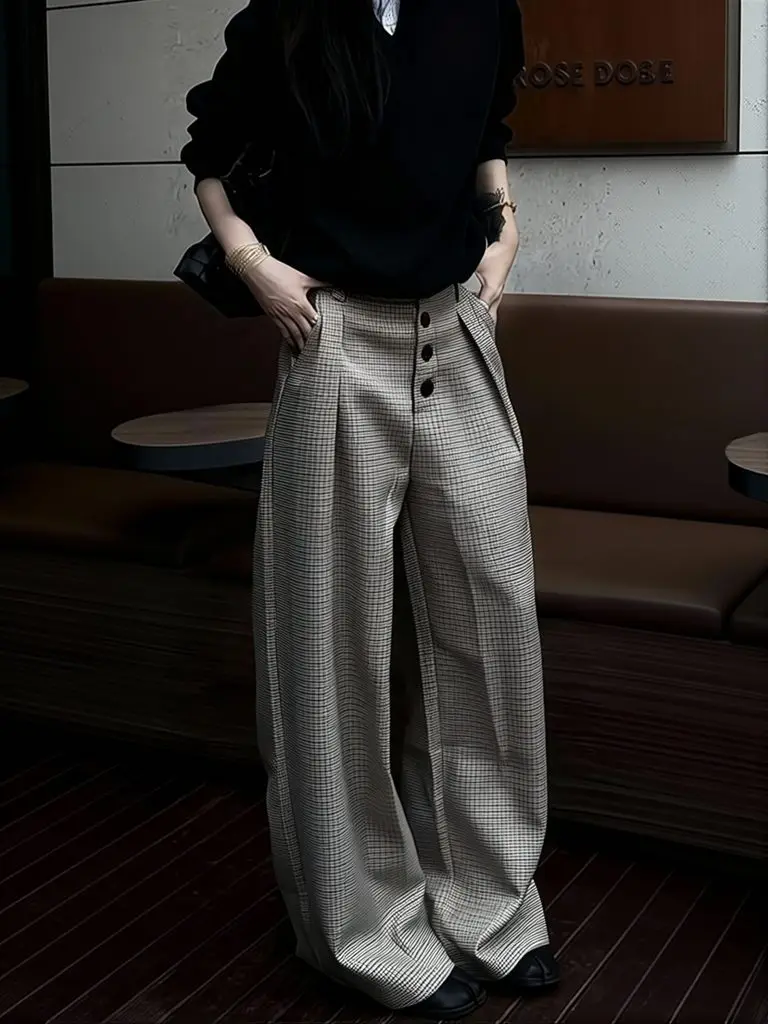 Work Trousers Old Money Wide Leg Pants Men High Waist Drape Elegance Plaid Dress Pants Streetwear Loose Suit Pants 2026 Spring