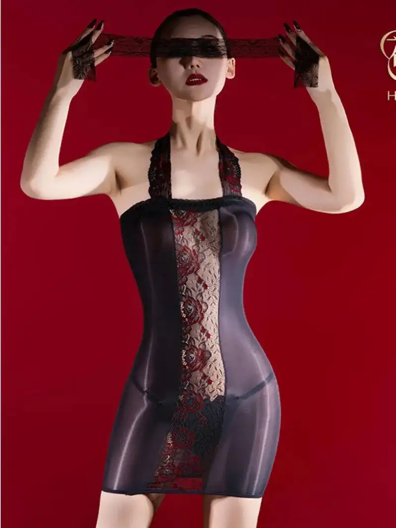 Seksowna Przezroczysta Błyszcząca Jedwabista Gładka Sukienka Mini Bez Ramiączek z Koronkowym Wiązaniem na Szyi Elegancka Sukienka Nocna Nowa Cienka Bluzka 2025 P38B