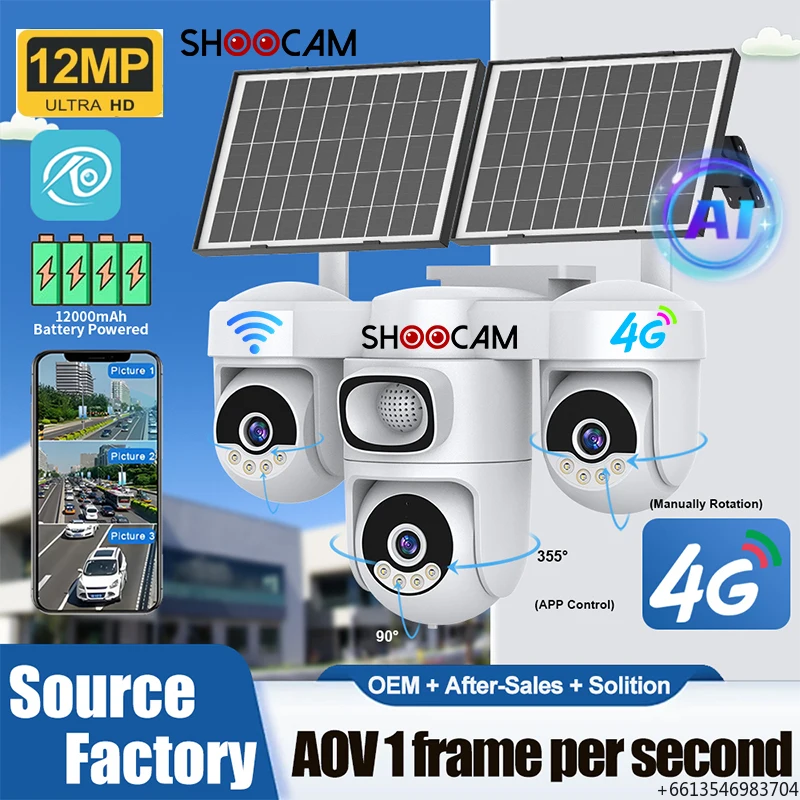 AOV Recording Solar 4G Camera 12MP Triple Lens PTZ Color Night Vision Two Way Audio OEM Factory for Outdoor Surveillance Monitor