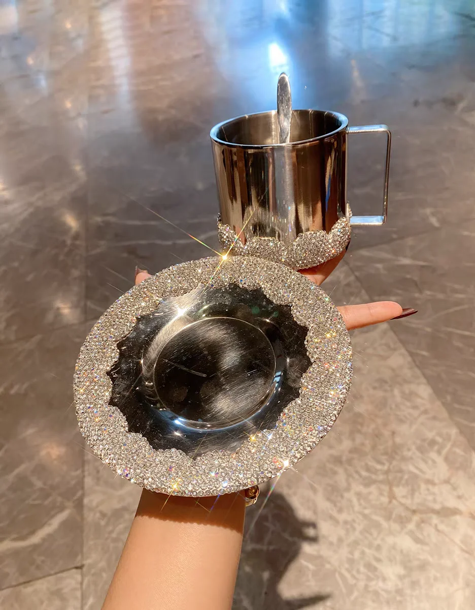 High profile Level Coffee Cup and saucer set Artificial diamond-encrusted stainless steel insulated latte iced Americano cup