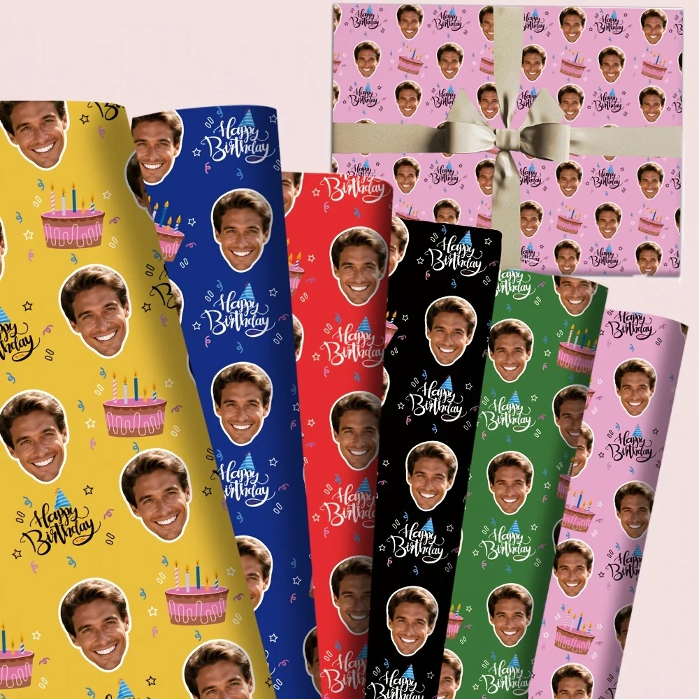 1/2/5pcs Custom Happy Birthday Wrapping Paper - Personalized Your Face Photo with Birthday Cake Pattern Wrapping Paper