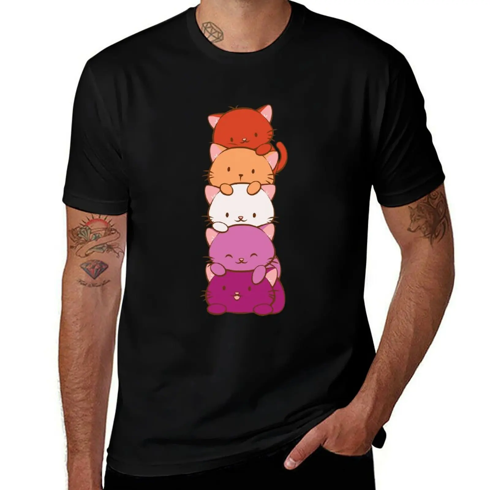 

New Orange Lesbian Pride Flag Kawaii Cats T-Shirt t shirts for man pack white t shirts for man cotton T-Shirt