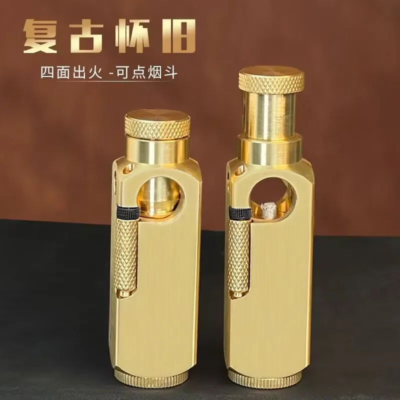 Handmade Brass Flamido Kerosene Lighter, Windproof Retro Vintage Personalized Stretch Side Skid Grinding Wheel