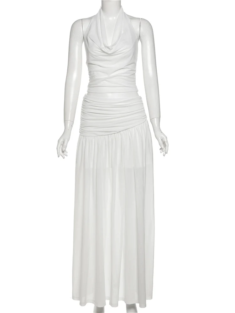 Nibber Pieghe Set da 2 pezzi Donna Halter Colletto altalena Mini gilet + Gonne lunghe Abiti eleganti per feste in spiaggia Abiti coordinati alla moda