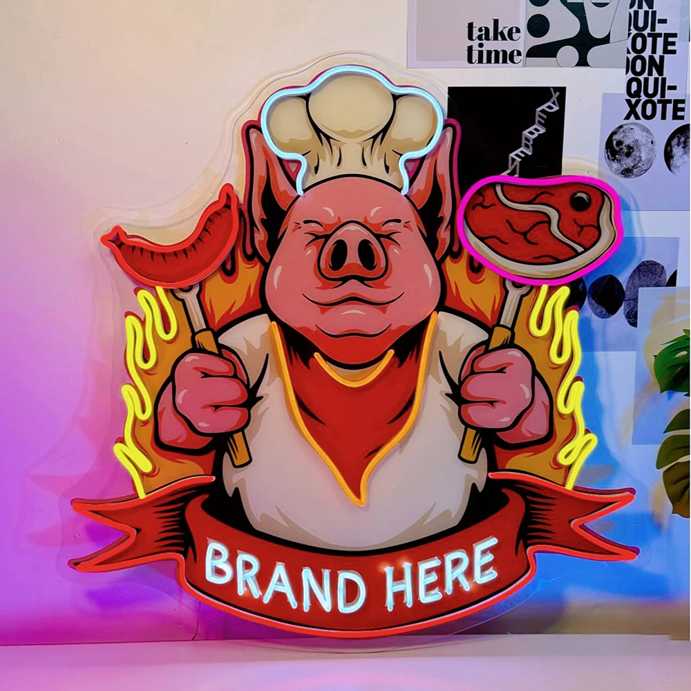 Cute Chef Pig Delicious Barbeque Meat Acrylic Neon Sign Restaurant Wall Decor Art LED Neon Light Custom Business Logo Neon Sign