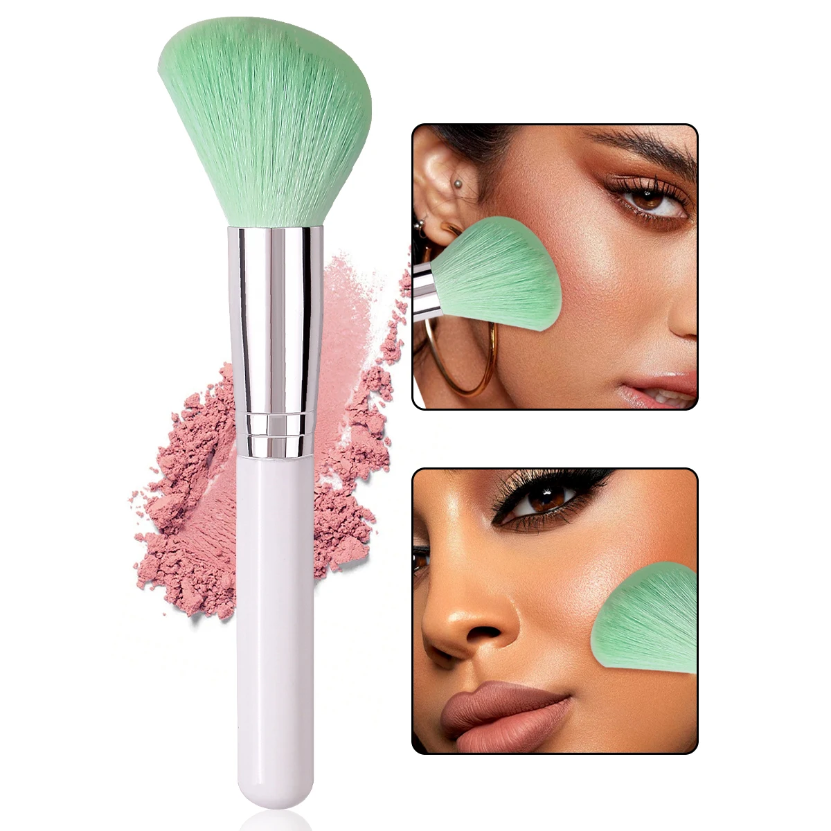 

1 piece of high-end white wooden handle angled contactor brush, light green, soft and fluffy blush brush, multi-functional facia