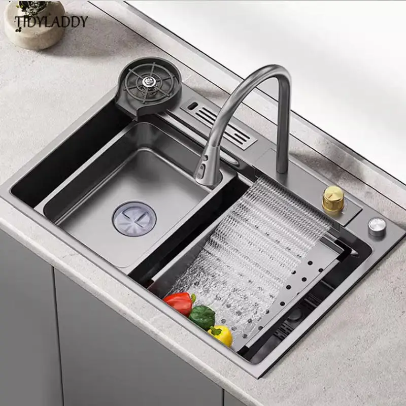 

Waterfall Kitchen Sink Nano Stainless Steel Multifuctional Large Single Sink with Drainer Kitchen Novel Accessories