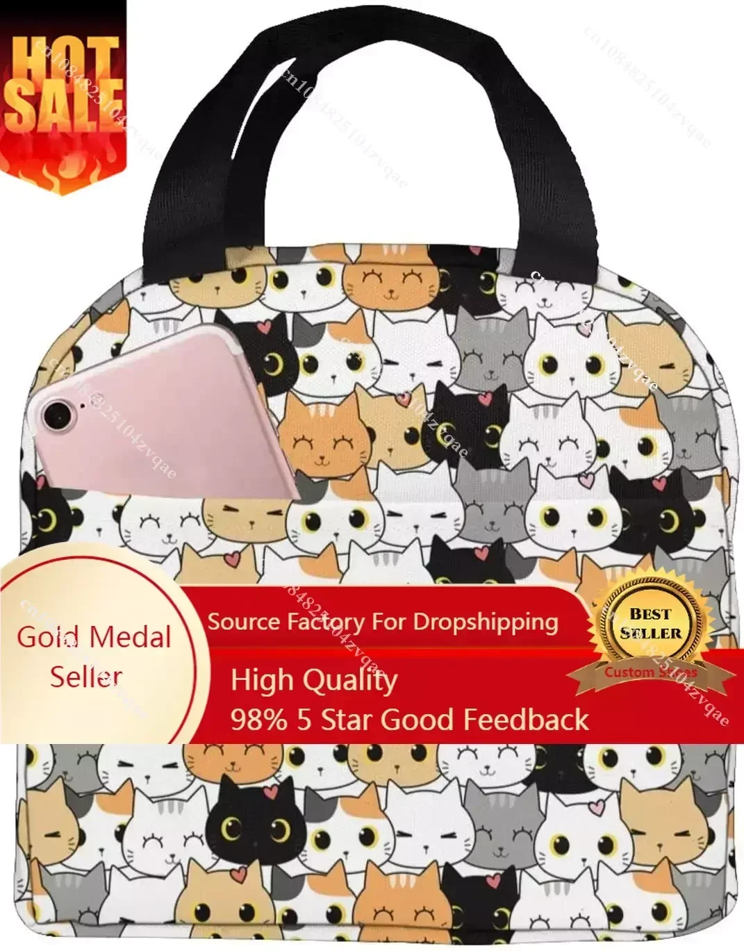 

Cartoon Kitten Lunch Bag Cute Cat Kids Portable Insulated Thermal Lunch Box Reusable Cooler Tote Bag For Boys Girls Camping