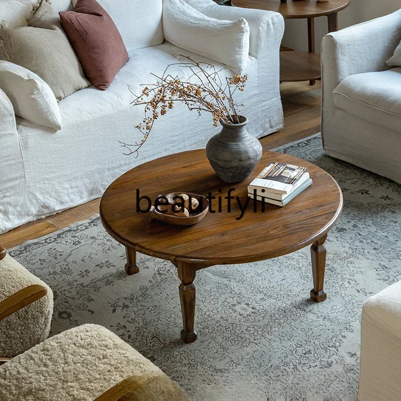 

LXWabi Sabi medieval retro style all solid wood round designer bed and breakfast living room tea tablesss