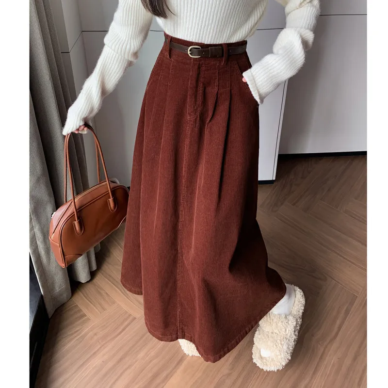Long Skirt for Women 2025 Autumn and Winter, High-waisted, Flared, Pleated, Slim-fitting Corduroy Midi Skirt