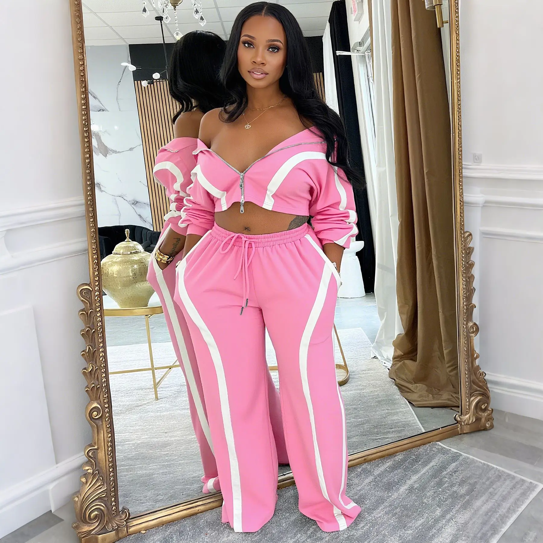 Zweiteiliges Hosen-Set für Damen, lässig, passende Sets, Farbblock, Reißverschluss, Langarm-Oberteil, Kordelzug, Tasche, Hose, lockere Passform, Herbst 2025,